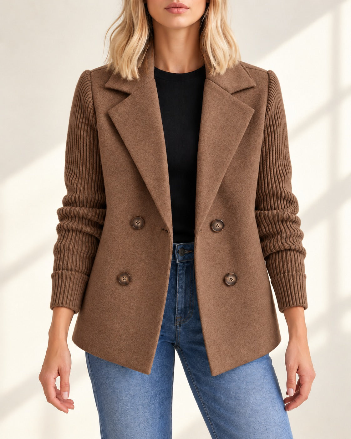 Blazer marron à manches en maille côtelée, vue de face