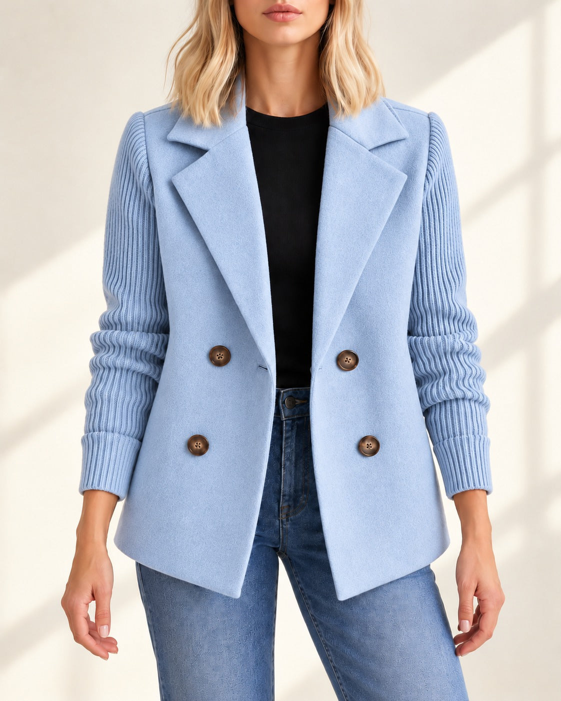 Blazer bleu clair à manches en maille côtelée, vue de face