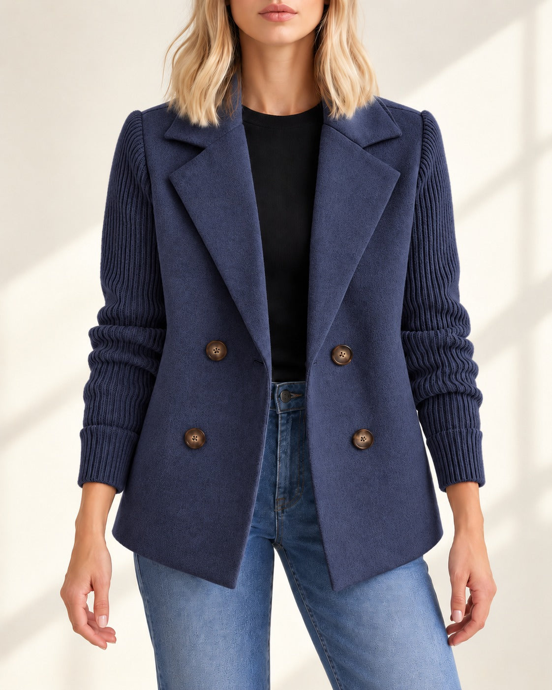 Blazer bleu marine à manches en maille côtelée, vue de face
