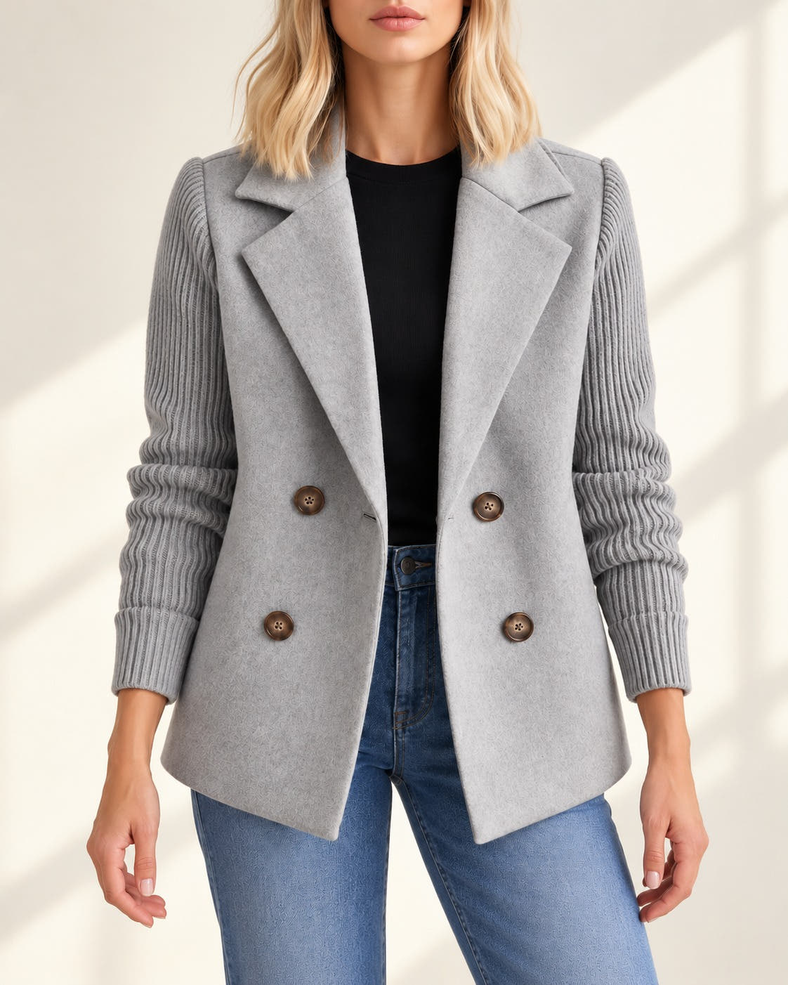 Blazer gris à manches en maille côtelée, vue de face