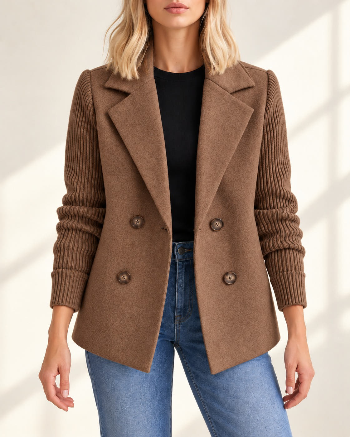 Blazer marron à manches en maille côtelée, vue de face