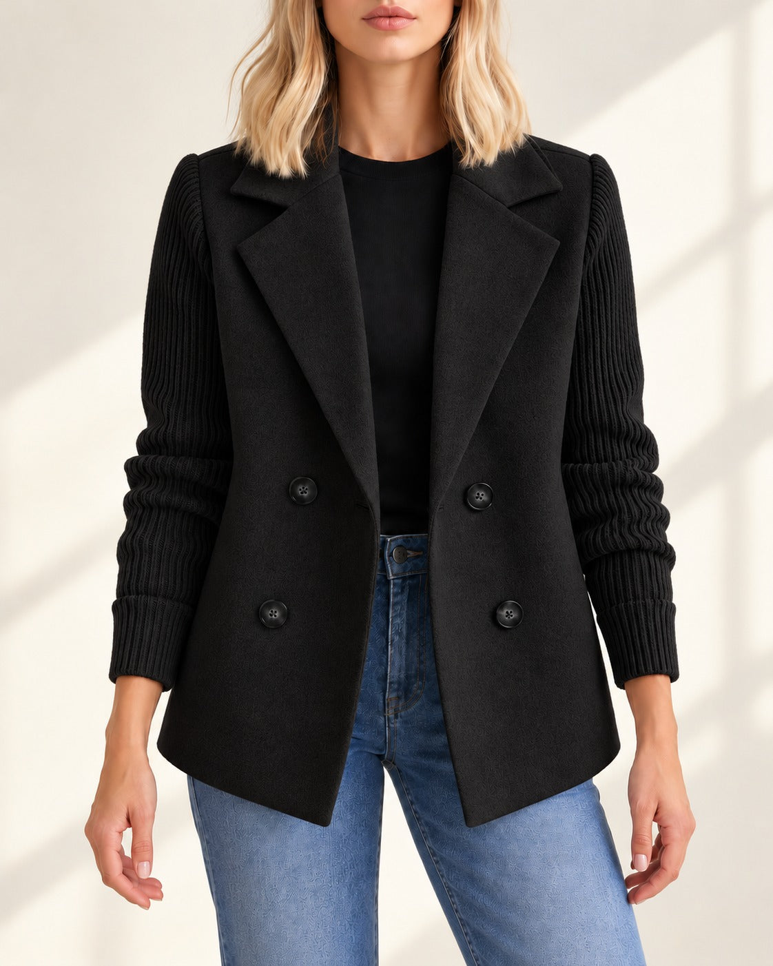 Blazer noir à manches en maille côtelée, vue de face