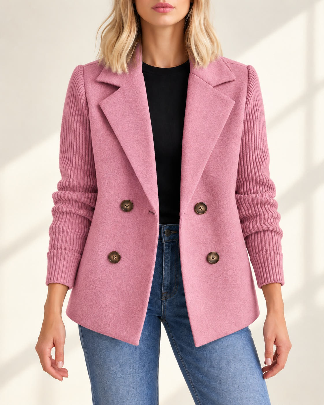 Blazer rose à manches en maille côtelée, vue de face