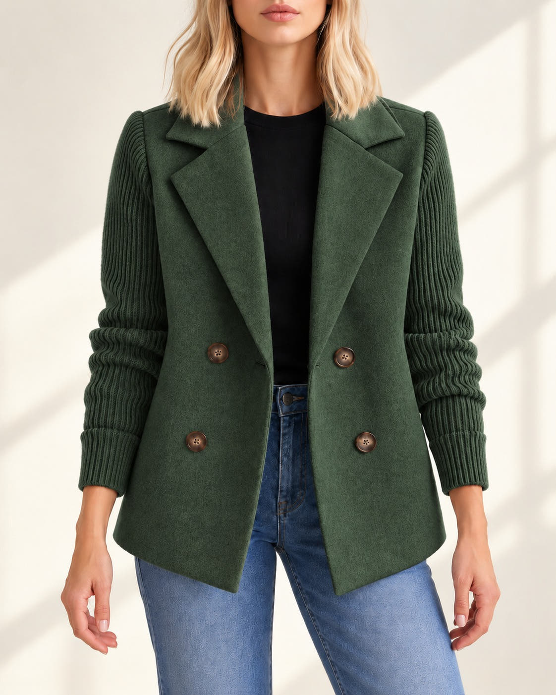 Blazer vert foncé à manches en maille côtelée, vue de face