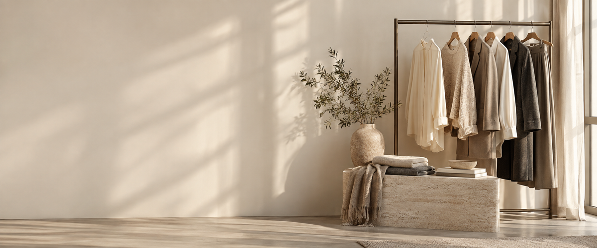 Vestiaire féminin dans des tons neutres, dans un atelier lumineux